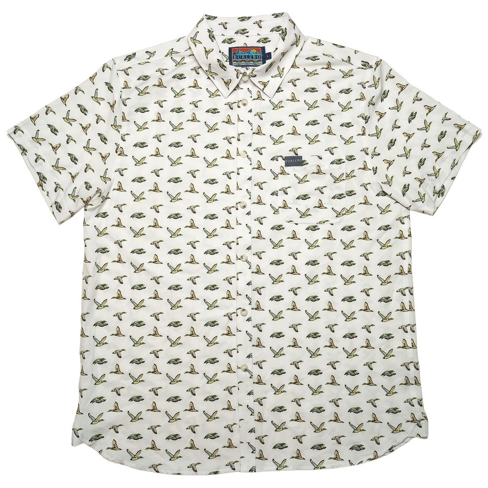 BURLEBO Men's Performance Button Up Shirt Mallard Ducks All Over Print Large L